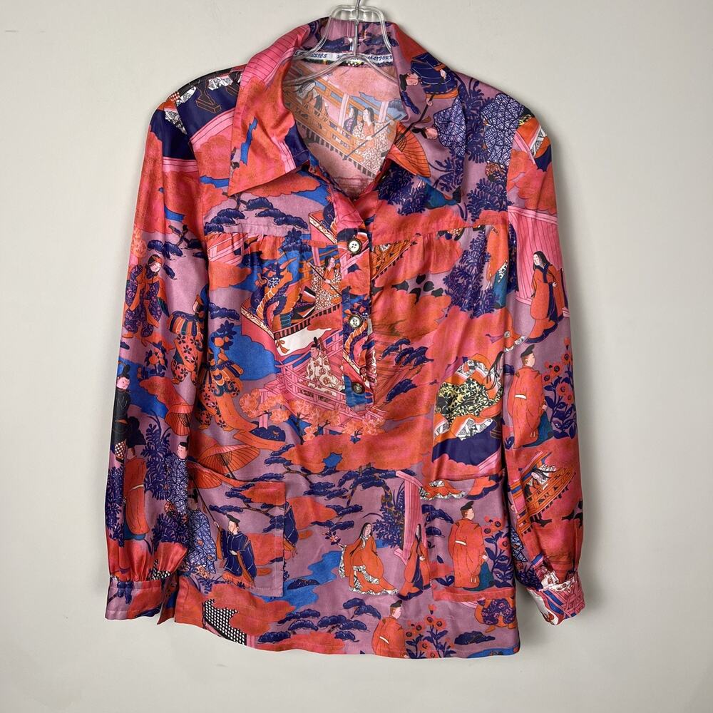 VTG Jade Classics Hoffman CA Blouse M Women Asian Print Colorful Bold Top